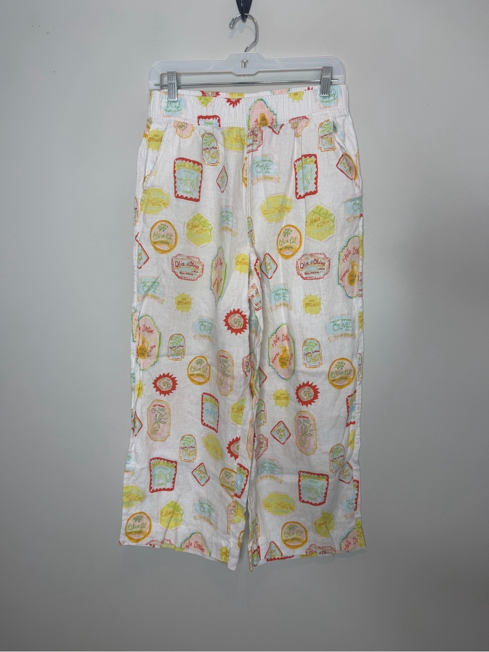 Cynthia Rowley Linen Pants Womens M Olive Oil Print Wide Leg Resort Coastal